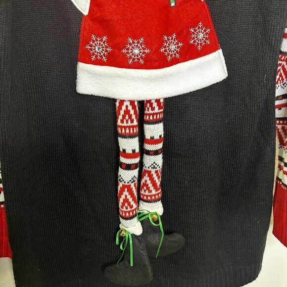 Women’s Holiday Time Ugly Christmas Elf  Sweater Bells Bling Swinging Legs Large - Picture 4 of 11